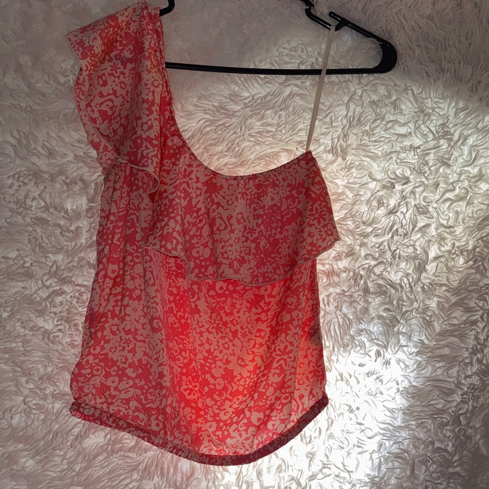 American Eagle Outfitters Coral Floral One-Shoulder Top